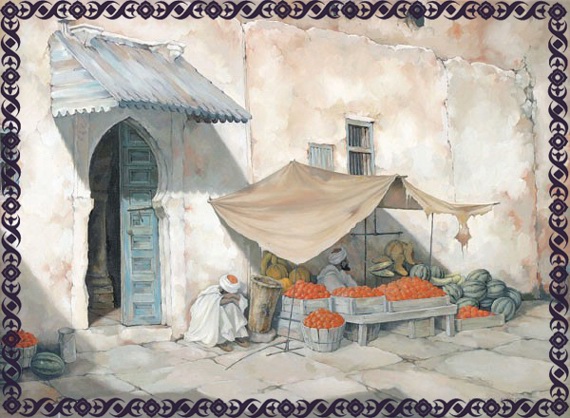 Fruistalletje in Marrakech, Marokko -|- Prent: Anton Pieck