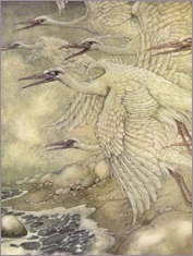 Een vlucht reusachtige vogels van de Wak-wak eilanden -|- Prent: Anton Pieck uit 'Sprookjes van 1001-nacht' - Scan: Jos Visser