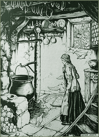 De illustratie van Assepoester in de keuken, die Pieck maakte voor de Sprookjes van Grimm -|- Scan: Eftelist.nl