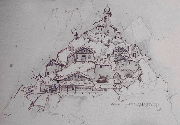 Ontwerp voor het bergdorpje -|- Tekening: Anton Pieck 1970 - Te vinden in 't Efteling Hotel