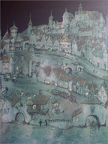 Ontwerp voor de donkere stad -|- Tekening: Anton Pieck 1970 - Te vinden in 't Efteling Hotel