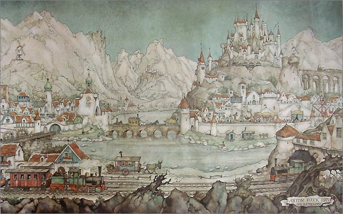 Grote overzichtsprent van de twee steden in het Diorama -|- Tekening: Anton Pieck 1971 -  Uit: "Anton Pieck, zijn leven, zijn werk"