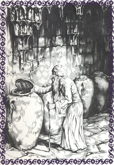 Een oude man controleert een kruik. Uit: de Sprookjes van 1001-nacht  -|- Illustratie: Anton Pieck